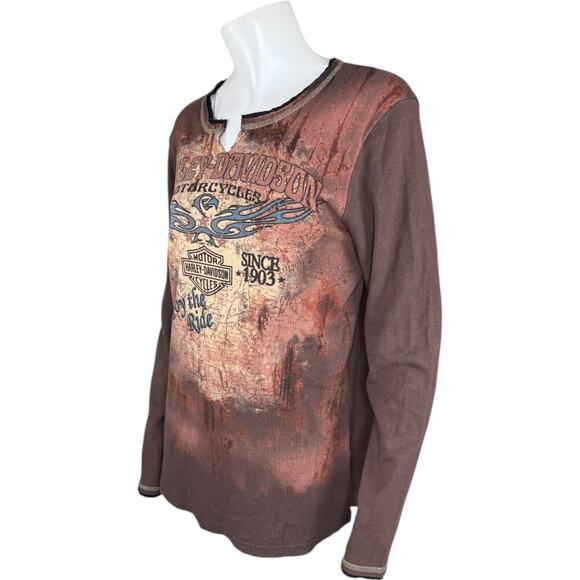 Harley-Davidson Aces & Eights Shirt XL Brown Long Sleeve Distressed Cotton - Picture 10 of 14